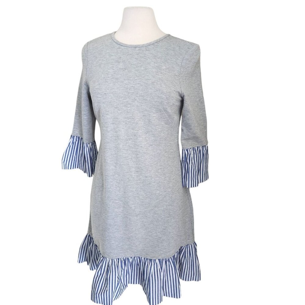 Eliza J Sweatshirt Dress Women's 6 Gray Blue‎ Striped Ruffle Flounce Hem Preppy